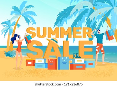 Hot Summer Sale Flat Vector Advertising Banner with Happy Man and Woman in Swimming Suit and Shorts Having Fun, Resting on Tropical Beach After Big Discounts Seasonal Shopping on Vacation Illustration