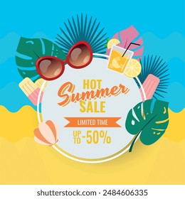Plantilla de diseño de Vector plano de venta de verano caliente, colorido y divertido, listo para imprimir. Helado, concha, zumo de naranja y gafas de sol. Perfecto para tiendas, tiendas, mercados y otros negocios.