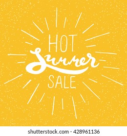 Hot summer sale - handwritten lettering, calligraphic phrase on orange background; vector illustration; hipster style poster or label for shop and market; 