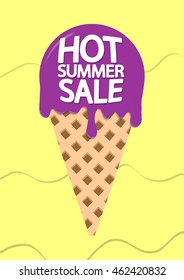 Hot Summer Sale, ice cream cone on melting background, brochure design, size A4, vector illustration