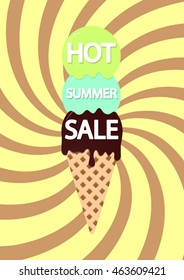 Hot Summer Sale, ice cream on swirling background, brochure design, size A4, vector illustration