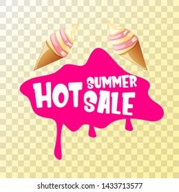 hot summer sale label or tag with melting ice cream isolated on transparent background . Vector hot summer sale pink banner or icon.