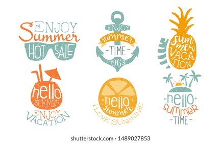 Hot Summer Sale Labels Set, Enjoy Vacation, Hello Summer Time, Retro Hand Drawn Badges Vector Illustration