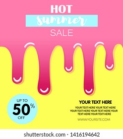 Hot summer sale. Melting ice cream. Up to 50% off. Perfect for your presentations, design for headline, logo and sale banner.