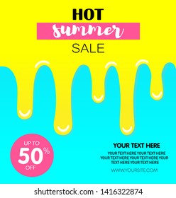 Hot summer sale. Melting ice cream. Up to 50% off. Perfect for your presentations, design for headline, logo and sale banner.