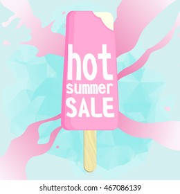 Hot summer sale. Melting ice cream. Brochure design or flayer template, vector illustration