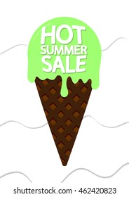 Hot Summer Sale, melting pistachio ice cream cone, brochure design, size A4, vector illustration