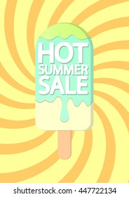 Hot Summer Sale, mint melted ice cream on colorful background, brochure design, size A4, vector illustration