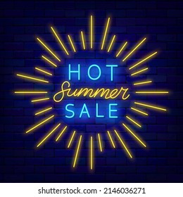 Hot Summer sale neon signboard with sun beams. Circle layout. Season discount flyer. Marketing advertising. Night bright promotion. Glowing effect banner. Editable stroke. Vector illustration