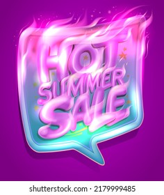 Hot summer sale, summer offer vector banner design with burning fiery 3D letters and vivid pink color scheme