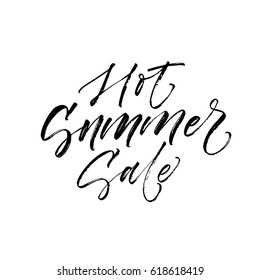 Hot summer sale postcard. Ink illustration. Modern brush calligraphy. Isolated on white background. 