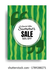Hot summer sale, poster design template, on watermelon background with shadow. Vector illustration.