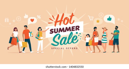 Hot summer sale promotional banner with happy people shopping together and carrying shopping bags