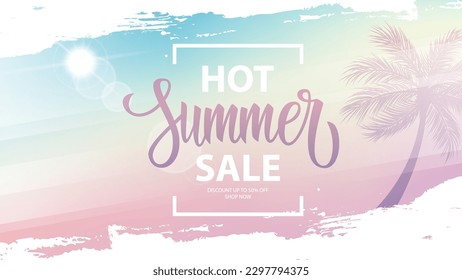 Hot Summer Sale promotional banner. Summertime commercial background with hand lettering, summer sun and palm tree for business, seasonal shopping, promotion and sale advertising. Vector illustration.