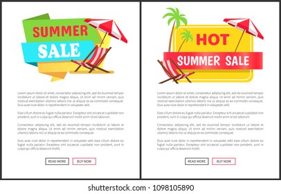 Hot summer sale promotional vertical banners set. Recliner and umbrella on commercial poster for summertime price off. Seasonal discount vector illustrations.