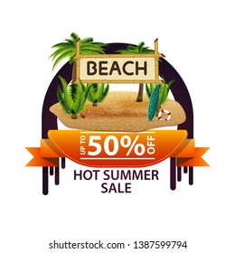 Hot summer sale, round discount banner for your website with coconut palms and bamboo sign with the inscription "beach"