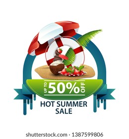 Hot summer sale, round discount banner for your website with coconut ice cream cocktail, beach umbrella, fruit, palm leaves and lifeline