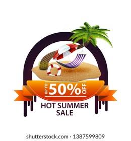 Hot summer sale, round discount banner for your website with palm tree, hammock and beach umbrella