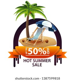 Hot summer sale, round discount banner for your website with palm tree, beach chair and beach umbrella