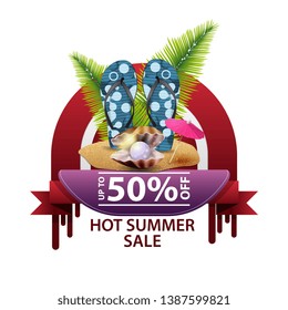 Hot summer sale, round discount banner for your website with flip flops, pearl and palm leaves