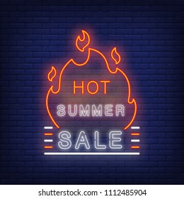 Hot Summer Sale Sign In Neon Style. Vector Illustration With Glowing Text And Red Flame Shape. Template For Night Bright Banners, Billboards, Signboards