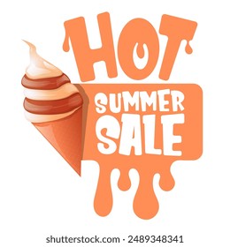 Pegatina de venta de verano caliente, etiqueta, cartel, Anuncio, etiqueta aislada en fondo transparente con helado derretido. Vector caliente de verano de venta de Anuncio y icono retro naranja vinraje. Clip de aclaramiento total art 