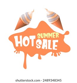 Pegatina de venta de verano caliente, etiqueta, cartel, Anuncio, etiqueta aislada en fondo transparente con helado derretido. Vector caliente de verano de venta de Anuncio y icono retro naranja vinraje. Clip de aclaramiento total art 