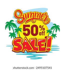 Hot summer sale sticker. Text label with sun, sea, sky and palm trees symbol, business seasonal discount shopping template. Editable vector on transparent background