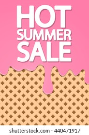 Hot Summer Sale, strawberry cream melted on wafer background, brochure design, size A4, vector illustration