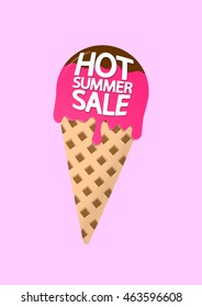 Hot Summer Sale, strawberry ice cream with chocolate, brochure design, size A4, vector illustration