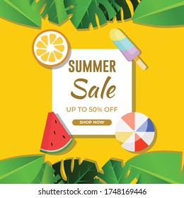 Hot Summer Sale Theme, Premium Vector Design,  Bright promotional flyer with slices watermelon, Orange, Umbrella and Ice cream. Colorful advertising Illustration.