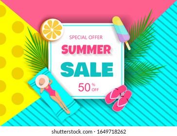 Hot Summer Sale Typography Paper Foldable DesignTropical Fruits. Vector illustration for advertising purposes.