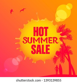 Hot summer sale vector banner. Sun, palms, beach in orange and pink colors. Traditional elements for web banner, flyer, poster design