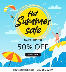 Hot Summer Sale vector illustration. Paragliding and surfing activities