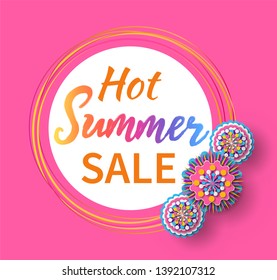 Hot summer sale vector, rounded flower with proposition to clients, rounded shape of banner with flowers in bloom, blooming plants with color petals