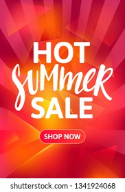 Hot Summer Sale Vertical Banner Design. Hand Drawn Text on Bright Colorful Background. Vector Advertising Illustration.