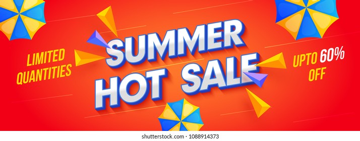 Hot Summer Sale, web header design with umbrellas on red background. 