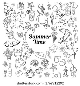 hot summer set isolated hand drawn  on white  background. Warm and cozy illustration doodle style.Sutable elements for greeting cards, posters, stickers and postcards design. Vector.
