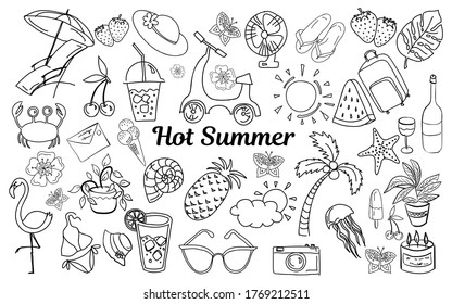 verano caliente aislado a mano dibujada sobre fondo blanco. Ilustración cálida y acogedora estilo doodle.Elementos adecuados para tarjetas de felicitación, carteles, pegatinas y diseño de postales. Vector.