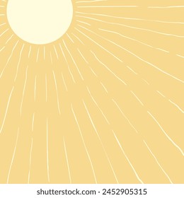 Fondo abstracto del sol del verano caliente, rayos desiguales dibujados a mano del sol que se extiende fuera del disco redondo del sol en el lado superior izquierdo de la Ilustración vectorial cuadrada
