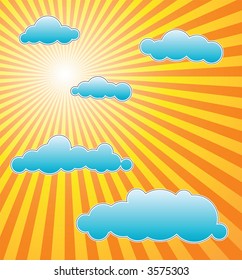 The hot summer sun with blue clouds