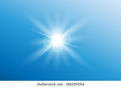 The hot summer sun. Flare bright flash in the sky. Sultry light.