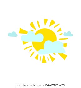 Hot summer sun hid behind clouds drawn by child. Bright childish careless sunny weather drawing for design of festive spring banner. Flat hand drawn vector element isolated on white background