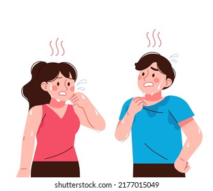 Hot Summer Sweaty Woman And Man. Heat Concept Figures Vector Illustration.