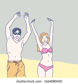 Hot summer time concept. Portrait of cheerful couple in sunglasses and bright swimsuits enjoying sunlight together. Hand drawn in thin line style, vector illustrations.