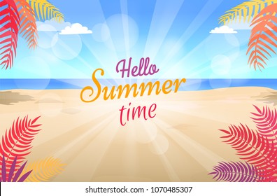 Hot summer time poster with tropical plants growing in sand on background of blue sky vector illustration. Promotional advertisement banner