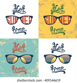 Hot summer time. Set of four calligraphic handwritten vintage, grunge, retro summer backgrounds with sunglasses. Typographic summer poster design. Hand lettering summer party templates.