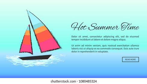 Hot summer time web banner of boat with colorful sails at sea in deep ocean, vector illustration of ship on marine theme