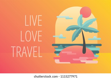 Hot summer time web banner vector illustration of small island with palm tree against background of mountains and light yellow sky