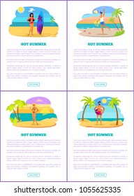 Hot summer in tropical country promotional banners set. Summer vacation commercial posters with men and women on sandy beach vector illustrations.